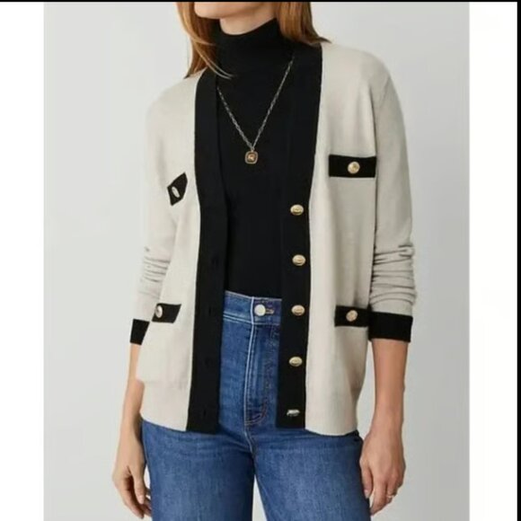 ANN TAYLOR BLACK BEIGE TAN GOLD BUTTON V NECK BOYFRIEND CARDIGAN SWEATER NEW M - Picture 1 of 8